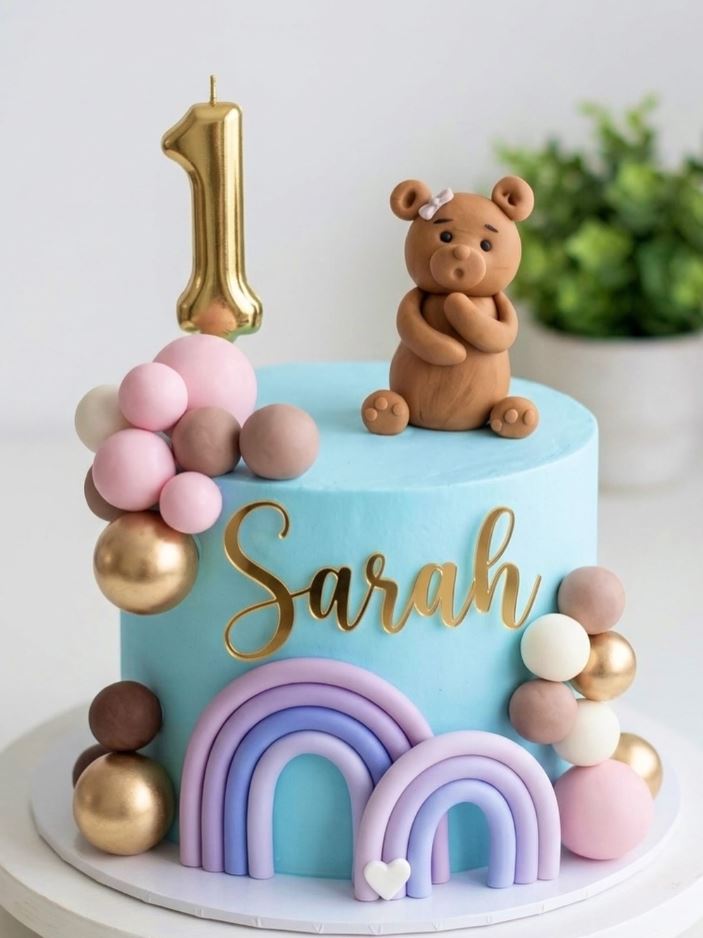 Pastel rainbow and bear cake for Sarah's first birthday