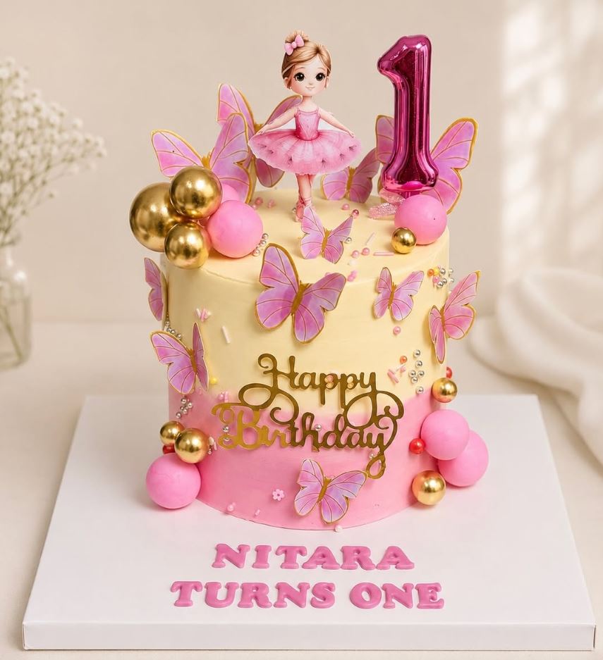 Butterfly and ballerina themed cake for Nitara's first birthday