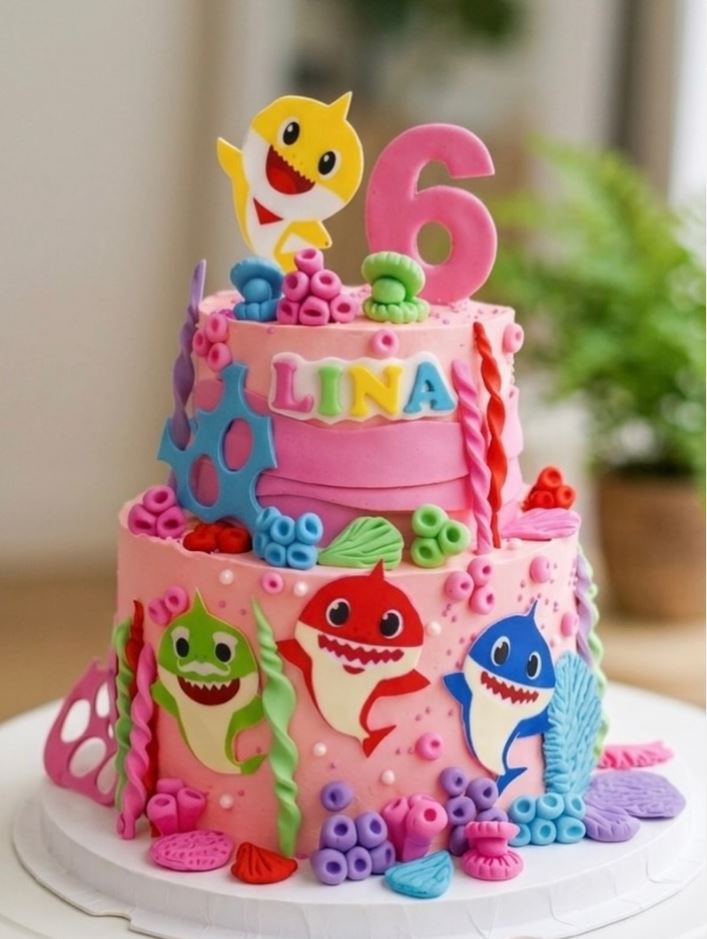 Two-tier baby shark themed birthday cake for Lina