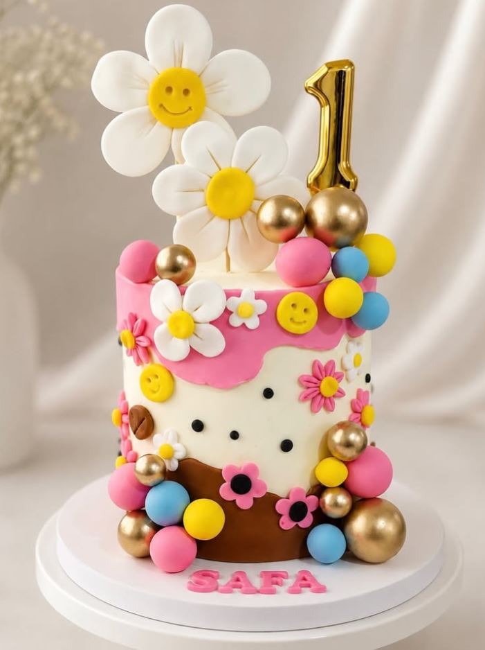 White daisy themed first birthday cake for Safa