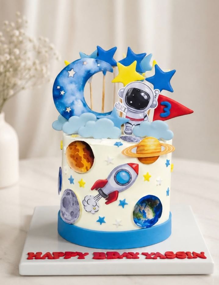 Space and astronaut themed birthday cake