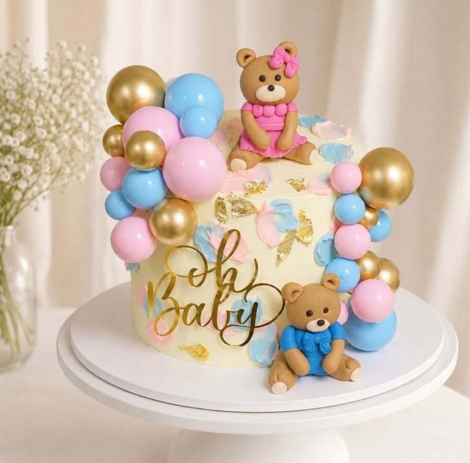 Oh Baby gender reveal cake with teddy bears